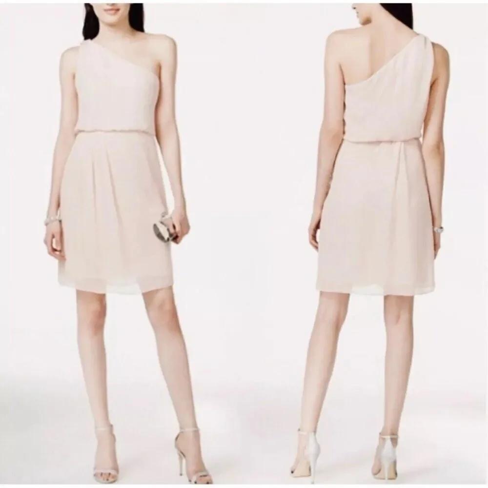 Adrianna Papell One Shoulder Blush Chiffon Cocktail Dress Rhinestone NWT 12